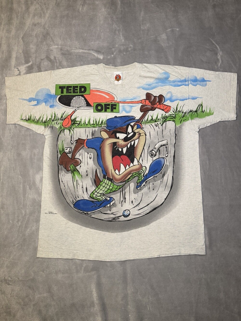 Looney Tunes 90s Taz All Over Print T-shirt Mens Large Golf Funny Cartoon Good